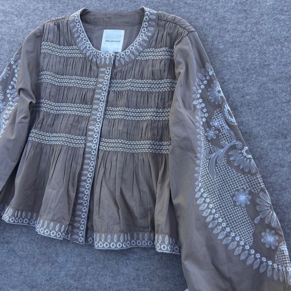 Avec Les Filles Embroidered Peplum Blouse Anthropologie S Boho Smocked Tan - Picture 2 of 13